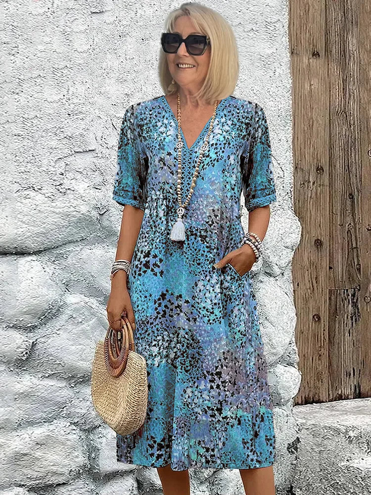 Knieumspielendes Kleid mit Knopfleiste, kurzen Ärmeln und Taillenband