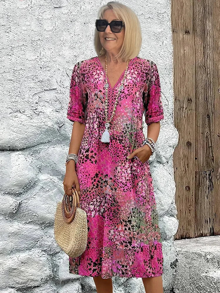 Knieumspielendes Kleid mit Knopfleiste, kurzen Ärmeln und Taillenband