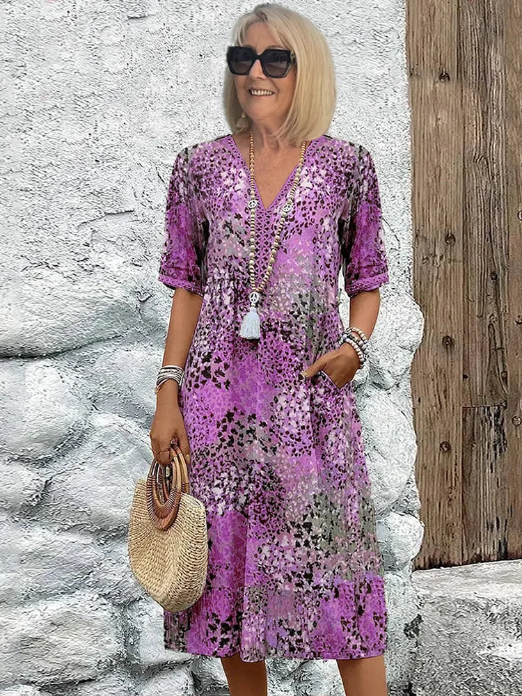 Knieumspielendes Kleid mit Knopfleiste, kurzen Ärmeln und Taillenband