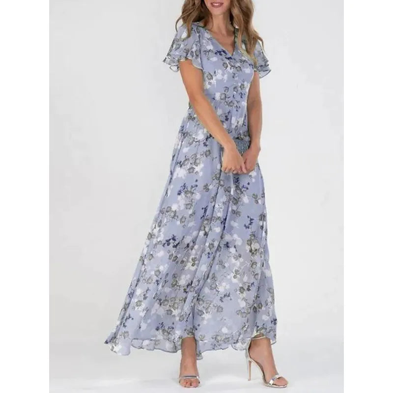 Stilvolles Maxikleid für Damen mit floralen Muster und V-Ausschnitt