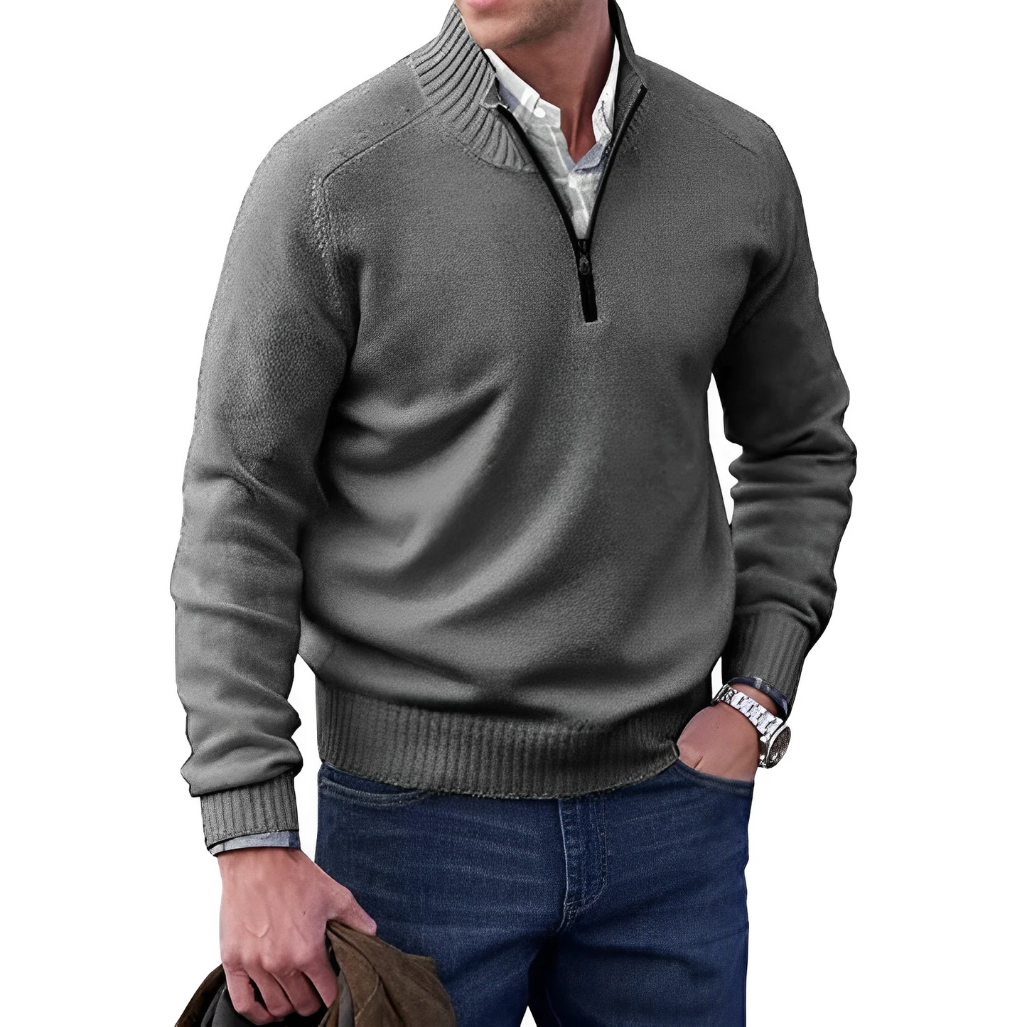 Herrenpullover mit halbem Reißverschluss und Stehkragen
