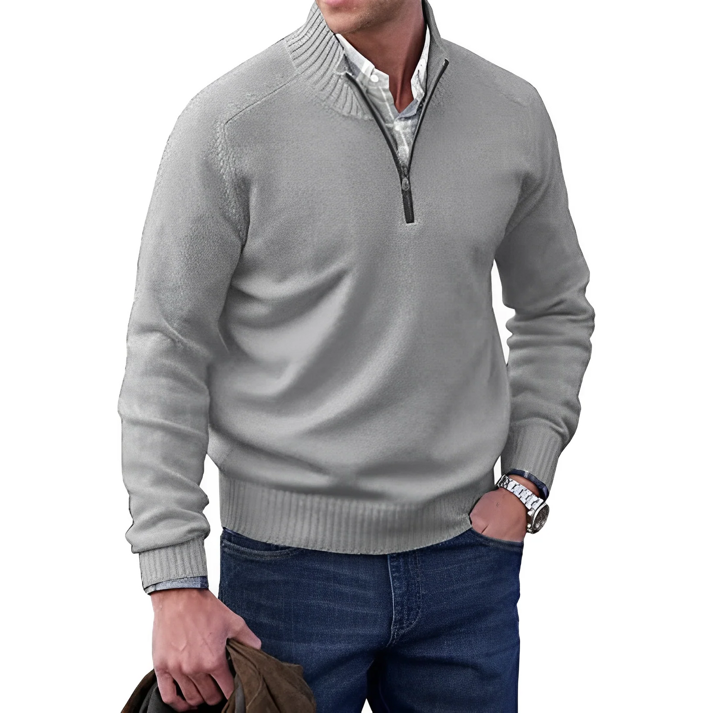 Herrenpullover mit halbem Reißverschluss und Stehkragen