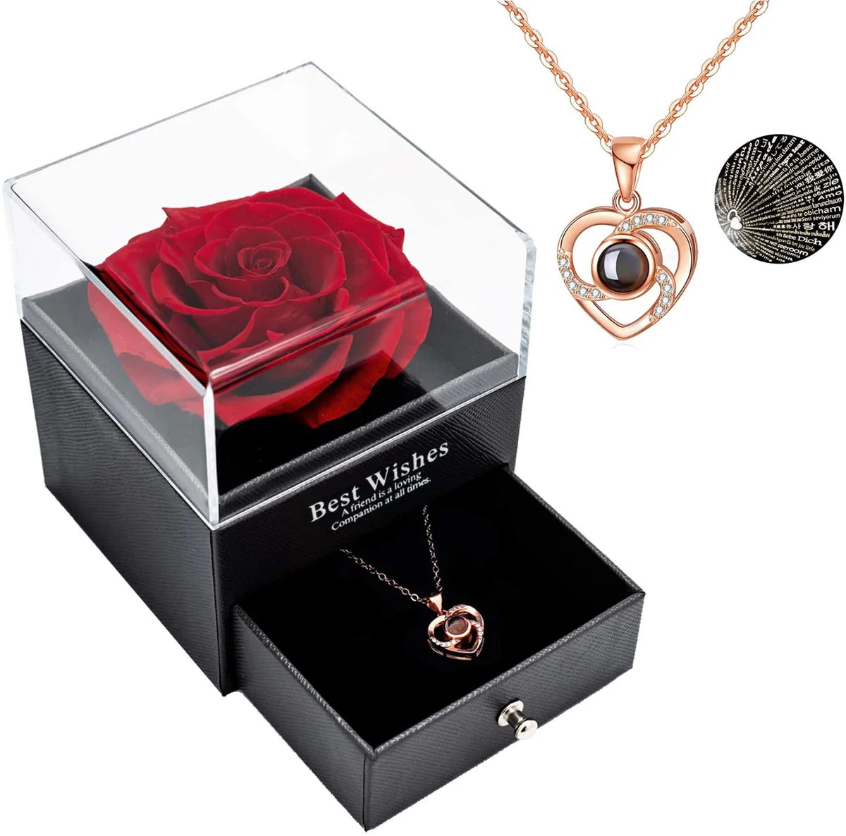 Halsketten-Set mit Herzanhänger und aufbewahrter Rose