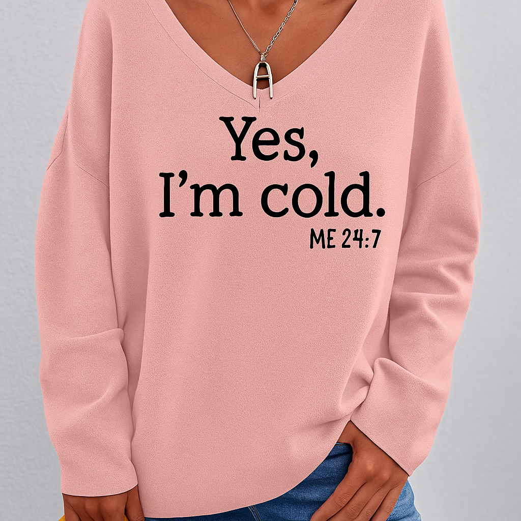 Lässiger Pullover für Damen mit V-Ausschnitt und Frontaufdruck