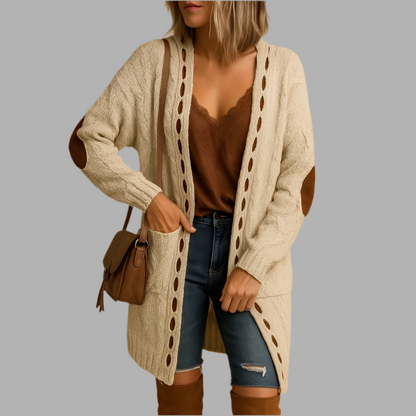 Lange Damenstrickjacke mit Kapuze und Ellenpatches