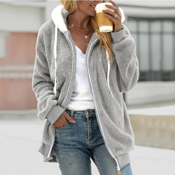 Damen Teddy-Kapuzenjacke mit Reißverschluss | Lang