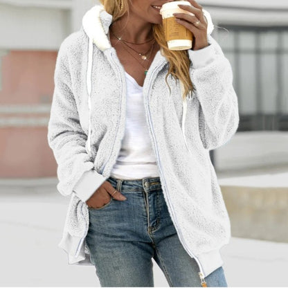Damen Teddy-Kapuzenjacke mit Reißverschluss | Lang
