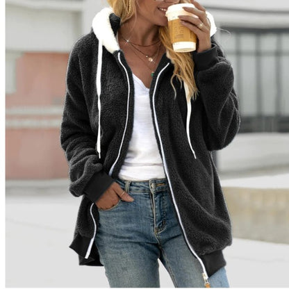 Damen Teddy-Kapuzenjacke mit Reißverschluss | Lang