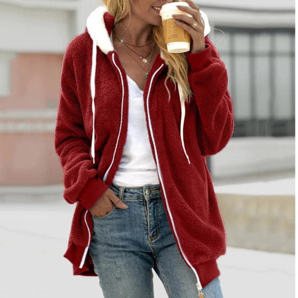 Damen Teddy-Kapuzenjacke mit Reißverschluss | Lang
