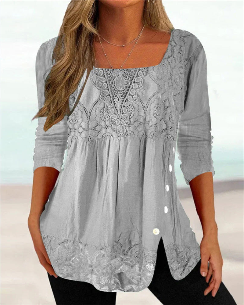 Lange Bluse mit Spitze und quadratischem Ausschnitt