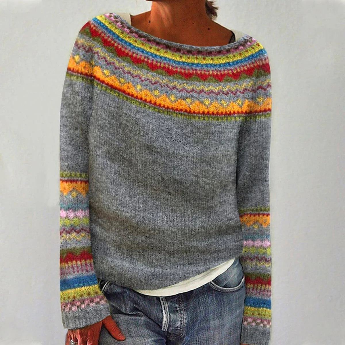 Damen Strickpullover mit Rundhalsausschnitt und Musterabschluss