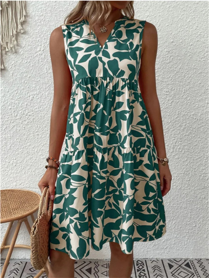 Ärmelloses Kleid mit V-Ausschnitt, Allover-Muster und ausgestelltem Schnitt