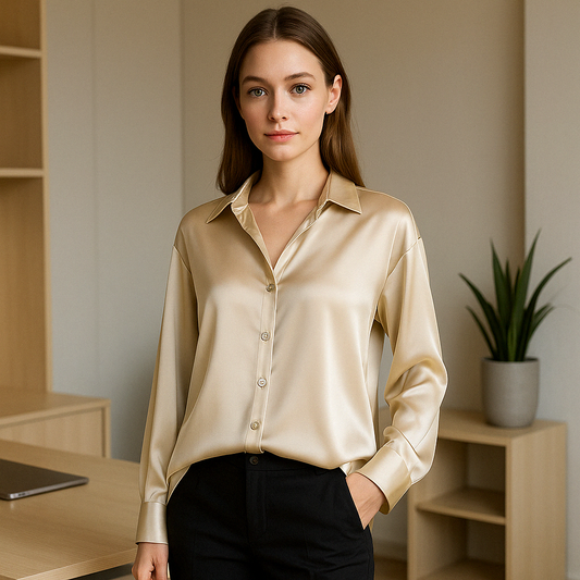 Damen-Bluse mit Hemdkragen aus glänzendem Stoff