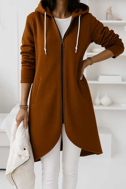 Damen Kapuzen-Sweatjacke lang mit Reißverschluss und Taschen
