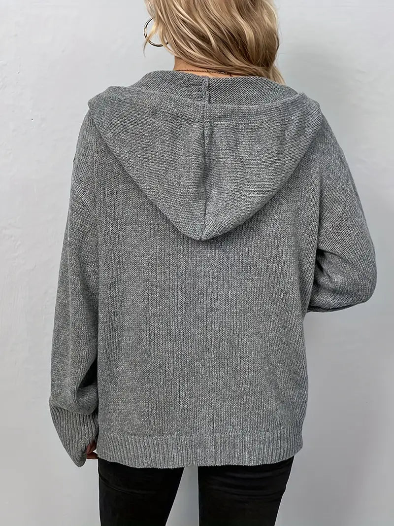 Damen lange Strickjacke mit Kapuze und Knopfleiste