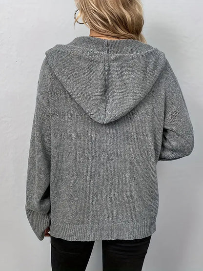 Damen lange Strickjacke mit Kapuze und Knopfleiste