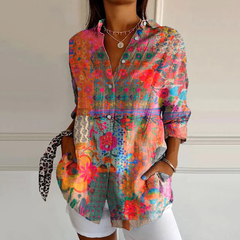 Langärmelige Bluse mit Muster und Knopfleiste