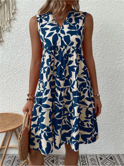 Ärmelloses Kleid mit V-Ausschnitt, Allover-Muster und ausgestelltem Schnitt