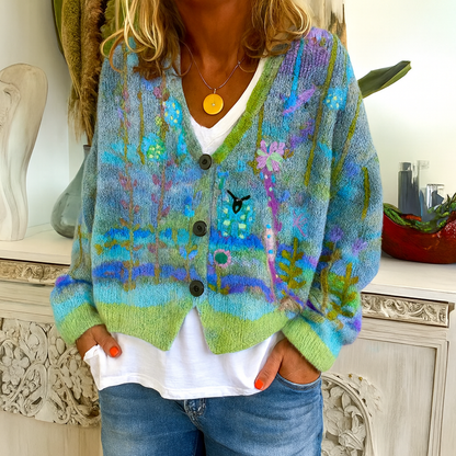 Damen kurze Pullover mit V-Ausschnitt und bedrucktem Muster