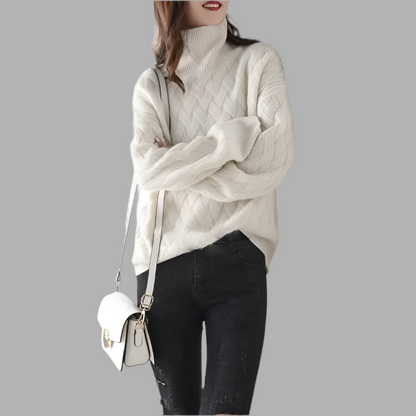 Damen Strickpullover mit Zopfmuster und hohem Kragen