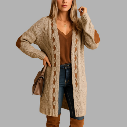 Lange Damenstrickjacke mit Kapuze und Ellenpatches