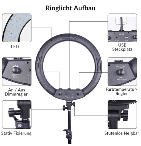 Ringlicht-Set mit Stativ und Farbfiltern für professionelle Beleuchtung