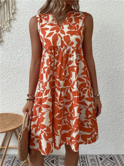 Ärmelloses Kleid mit V-Ausschnitt, Allover-Muster und ausgestelltem Schnitt