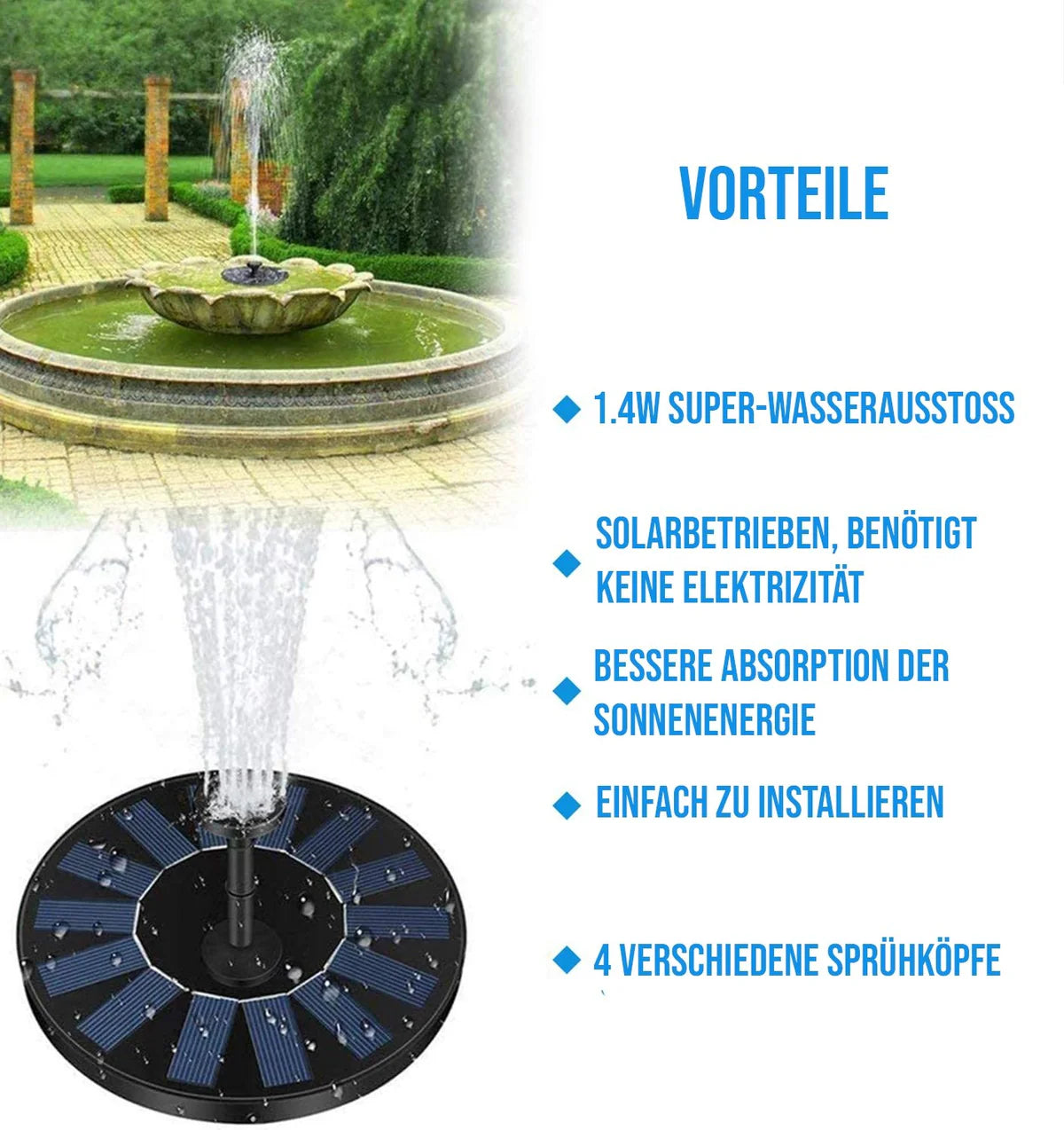 Solarbrunnen mit mehreren Düsen für Garten und Teich