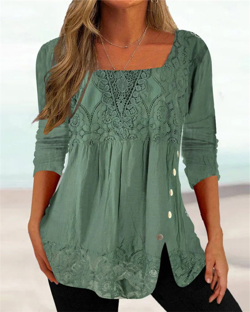 Lange Bluse mit Spitze und quadratischem Ausschnitt
