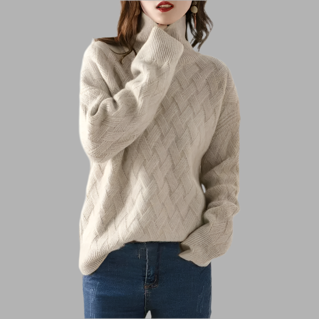 Damen Strickpullover mit Zopfmuster und hohem Kragen
