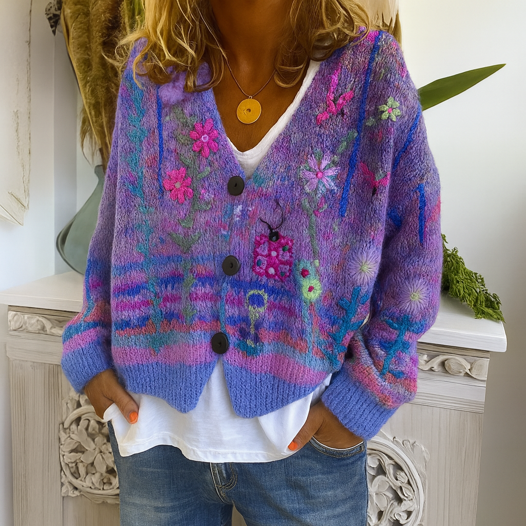 Damen kurze Pullover mit V-Ausschnitt und bedrucktem Muster