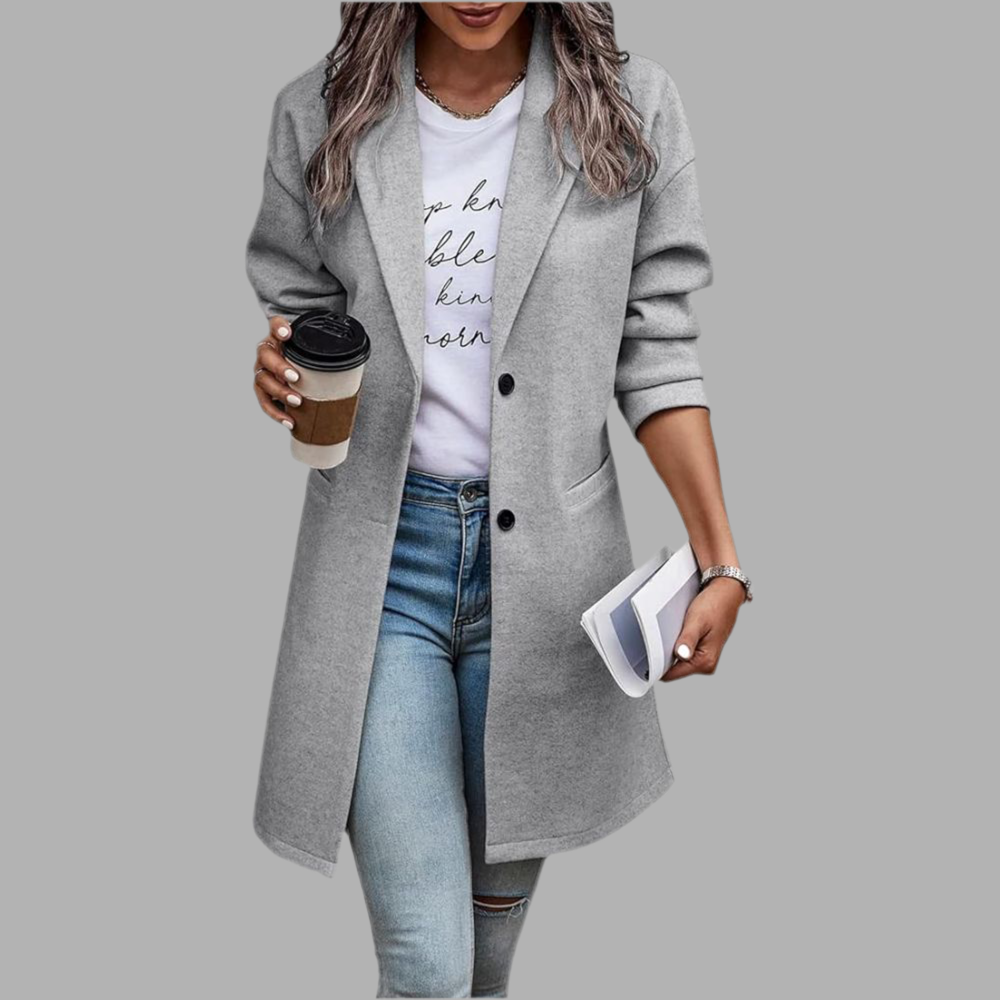 Langer Damen Mantel mit Kragen und Taschen
