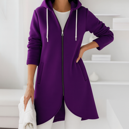 Damen Kapuzen-Sweatjacke lang mit Reißverschluss und Taschen
