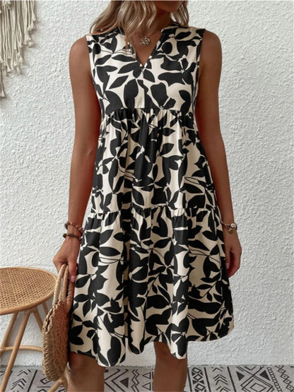 Ärmelloses Kleid mit V-Ausschnitt, Allover-Muster und ausgestelltem Schnitt