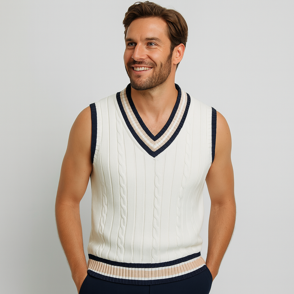 Ärmelloser Herren Strickpullover mit V-Ausschnitt und Streifendetails