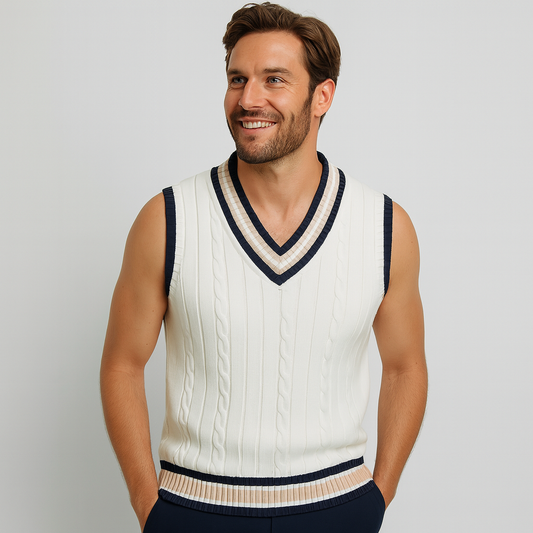 Ärmelloser Herren Strickpullover mit V-Ausschnitt und Streifendetails