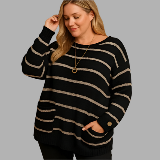 Damenpullover mit Streifenmuster und Taschen