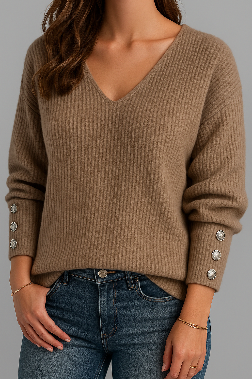 Stilvoller Gestrickter Pullover für Damen mit V-Ausschnitt
