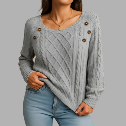 Damenpullover mit Zopfmuster und Knopfdetails