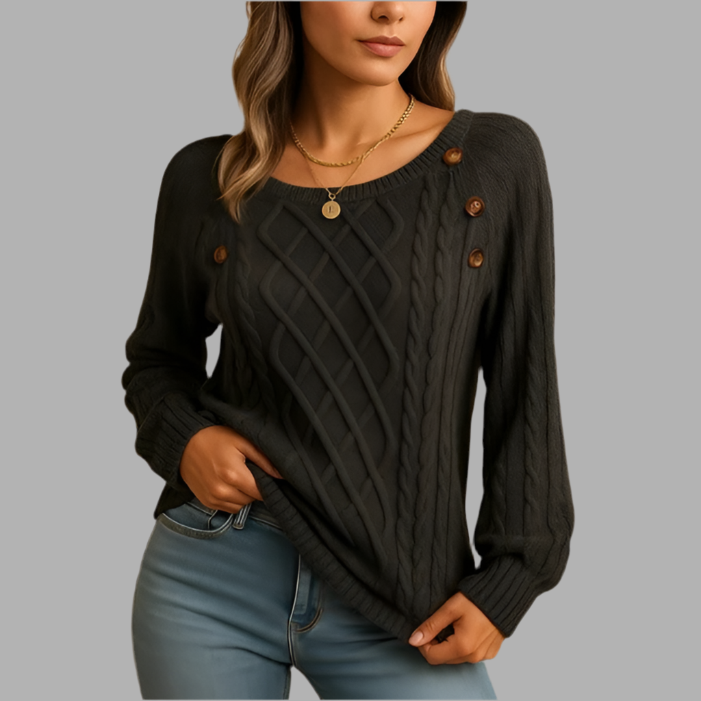 Damenpullover mit Zopfmuster und Knopfdetails