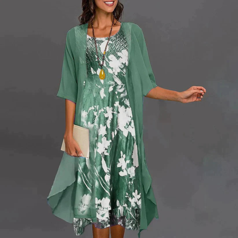 Zweiteiliges Damen-Set mit ärmellosem Kleid und offener Jacke