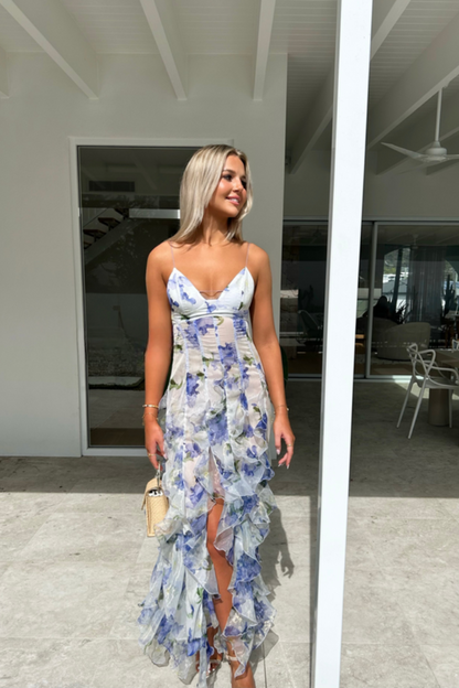 Damen-Maxikleid mit schmalen Trägern, V-Ausschnitt und Rüschenrock