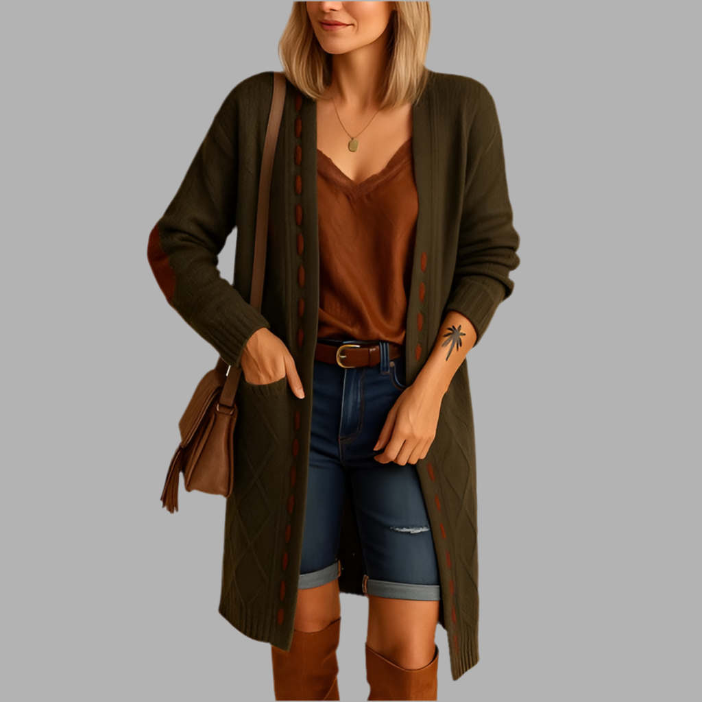 Lange Damenstrickjacke mit Kapuze und Ellenpatches