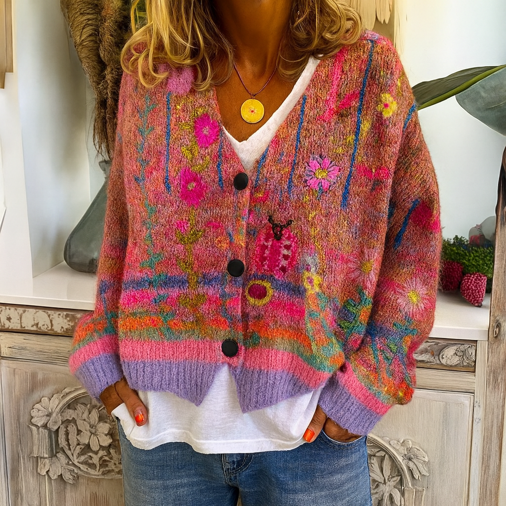Damen kurze Pullover mit V-Ausschnitt und bedrucktem Muster