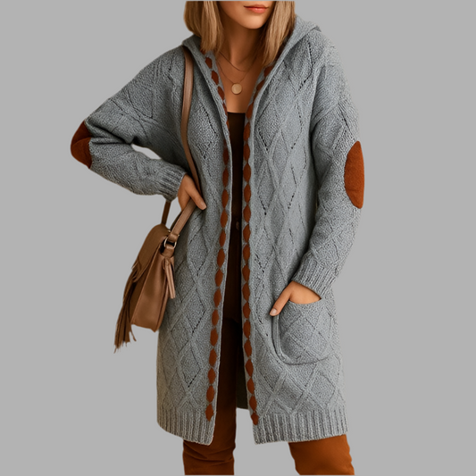 Lange Damenstrickjacke mit Kapuze und Ellenpatches