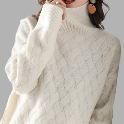 Damen Strickpullover mit Zopfmuster und hohem Kragen