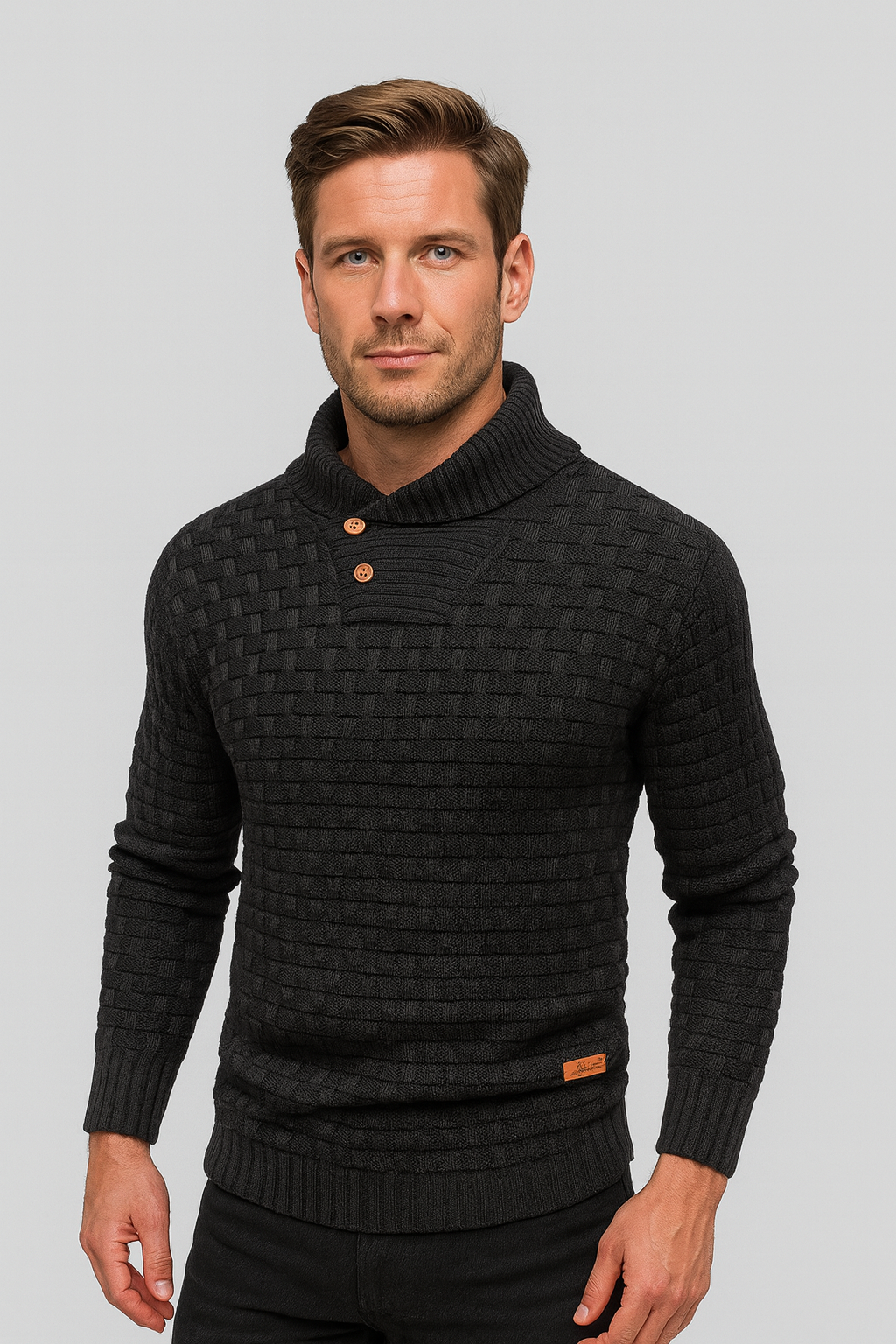 Herren Strickpullover mit Stehkragen und Knopfleiste