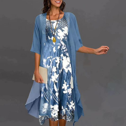 Zweiteiliges Damen-Set mit ärmellosem Kleid und offener Jacke