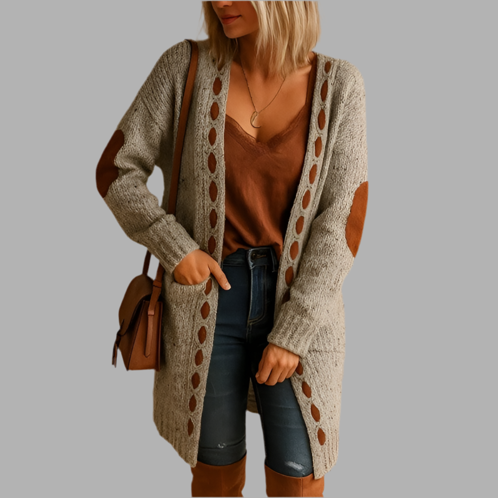Lange Damenstrickjacke mit Kapuze und Ellenpatches