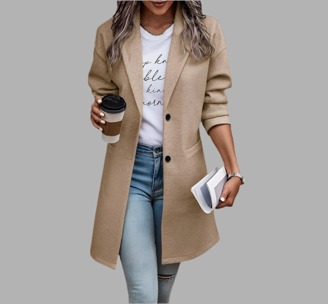 Langer Damen Mantel mit Kragen und Taschen